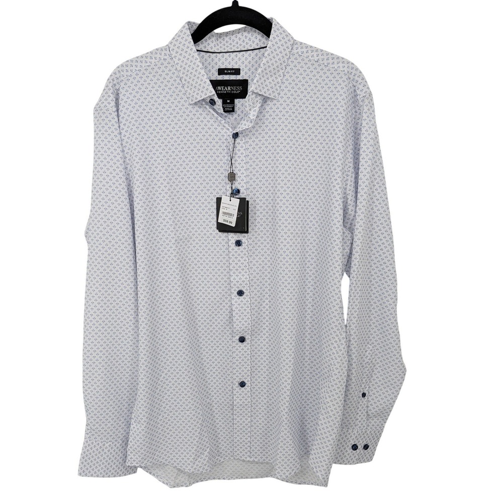 Kenneth Cole Awearness Shirt Mens Medium White Blue Geometric Slim Fit Stretch
